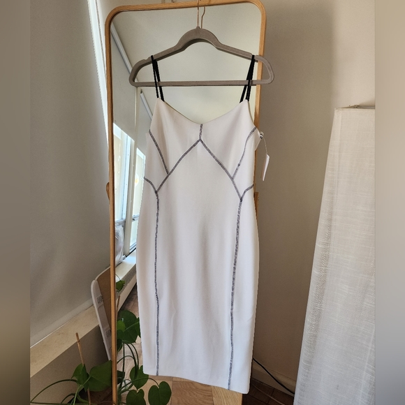 Classy White Midi Dress with Black Stitching - Picture 1 of 5